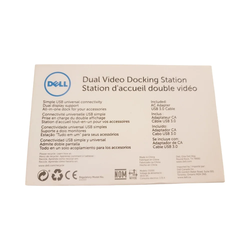 Dell USB 3.0 Full HD Dual Video Docking Station Universal Dock D1000-EUC